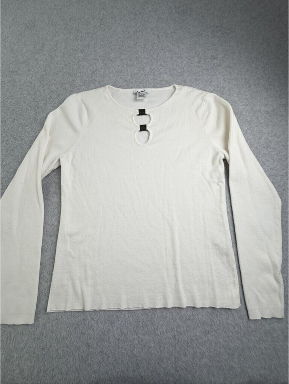 DKNY Womens XL Cream Knit Top Keyhole Neck Metal Ring Long Sleeve Cotton Nylon
